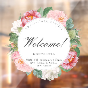 Welcome Roses Floral Round Business Opening Hours Window Cling