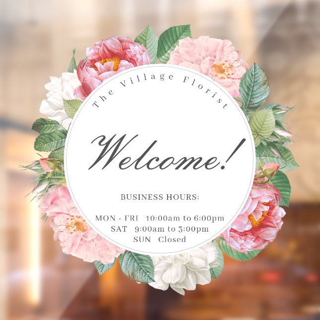 Welcome Roses Floral Round Business Opening Hours Window Cling (Sheet 2)