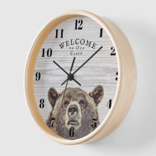 Welcome Rustic Peek a Boo Bear Custom Wood Grain  Clock