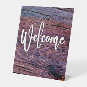 Welcome Rustic Purple Wood Vintage Pedestal Sign
