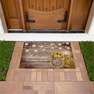 Welcome - Rustic Wood Barrel and Sunflowers Doormat