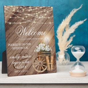 Welcome - Rustic Wood Barrel & String Lights Plaque