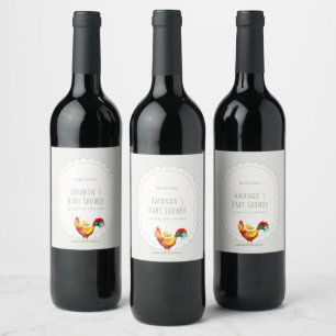 Welcome Sage Cottagecore Rooster Chick Baby Shower Wine Label