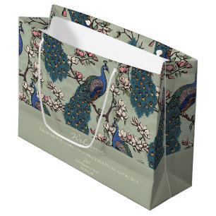 Welcome Sage Green Floral Peacocks Large Gift Bag