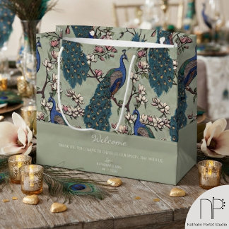 Welcome Sage Green Floral Peacocks Large Gift Bag