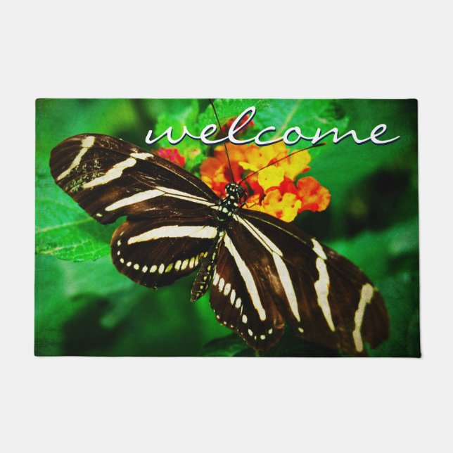 Welcome Script Black White Striped Butterfly Photo Doormat (Front)