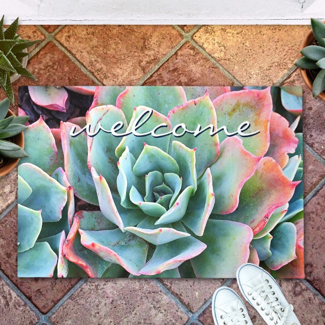 Welcome Script Bold Green Cactus Close-up Photo Doormat (Creator Uploaded)