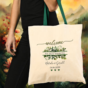 Welcome Script Greenery Wedding Tote Bag
