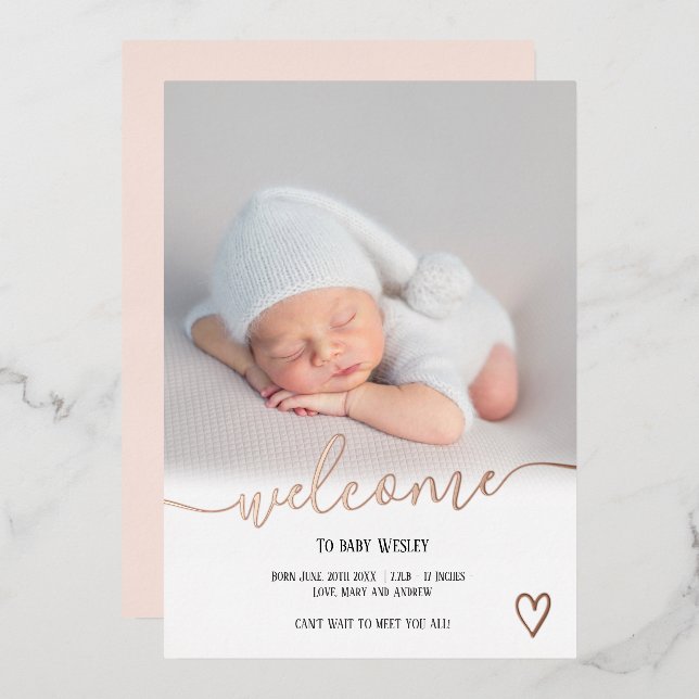 Welcome script heart photo baby birth rose gold (Front/Back)