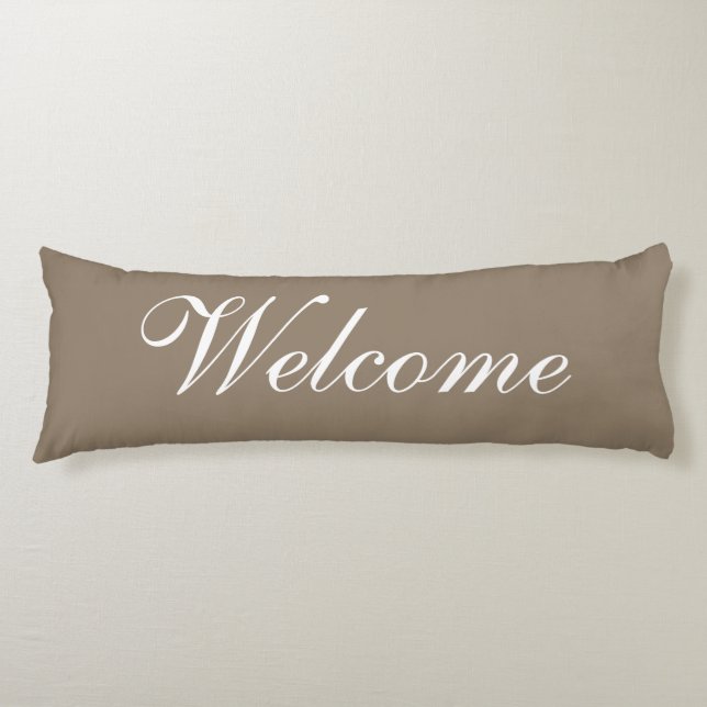 Welcome Script Modern Beige Brown White Decorative Body Cushion (Front)