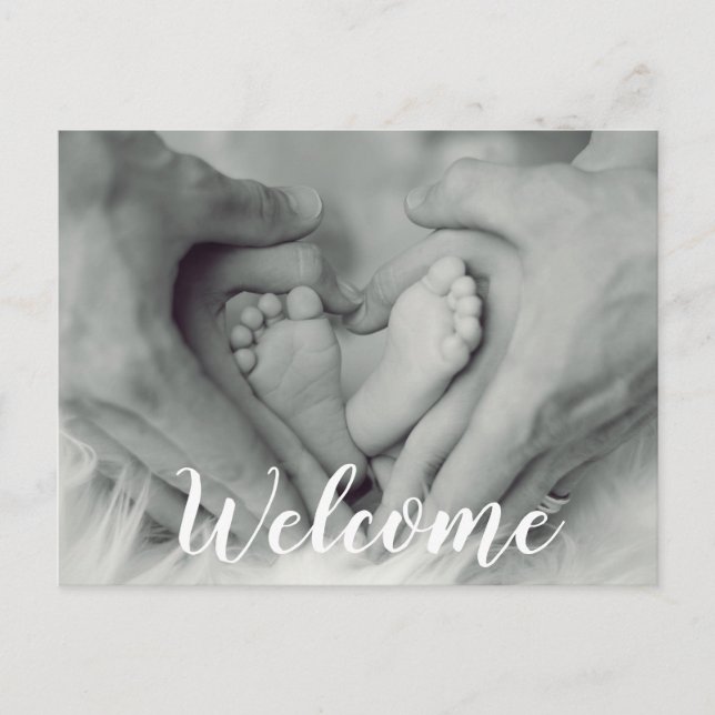 Welcome Script Overlay Photo Baby Newborn Birth Announcement Postcard (Front)