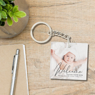 Welcome Script Photo Birth Announcement Key Ring