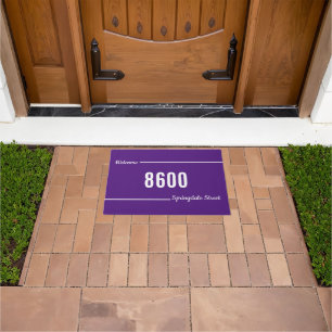 Welcome Script Royal Purple White Street Address Doormat