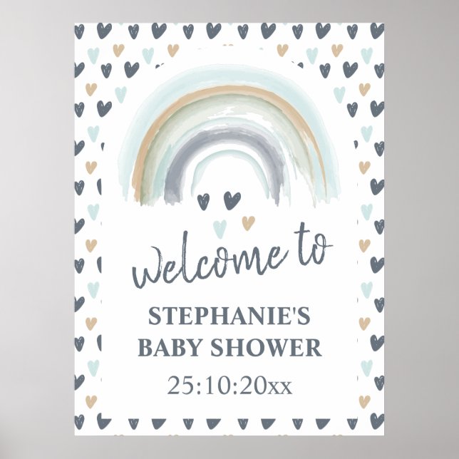 Welcome Sign Baby Shower Blue Boho Rainbow  (Front)