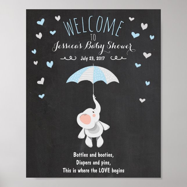 Welcome Sign baby shower elephant Blue Boy Shower (Front)