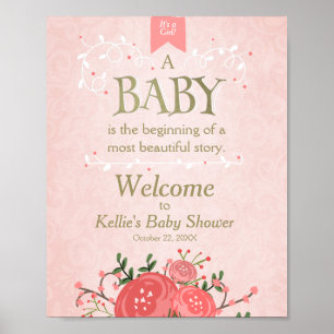 Welcome Sign baby shower Girl Pink and Gold Floral