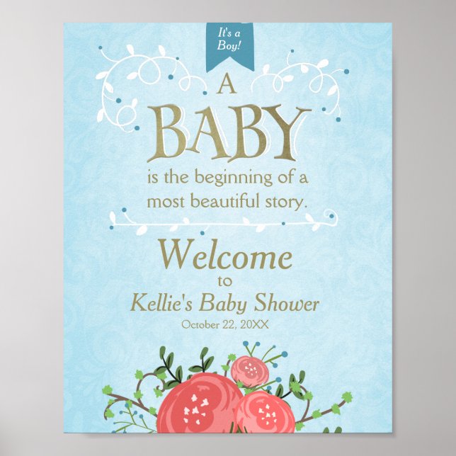 Welcome Sign baby shower It's a boy Blue Floral (Front)