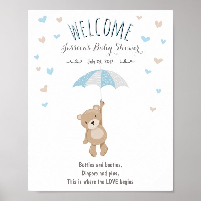 Welcome Sign baby shower Teddy Bear Blue Boy (Front)