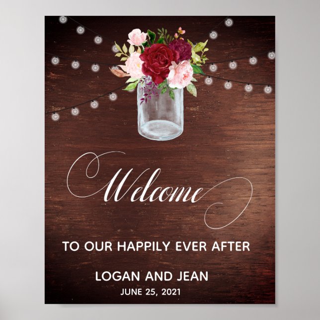 Welcome Sign Burgundy Rose Pink Floral Mason Jar (Front)