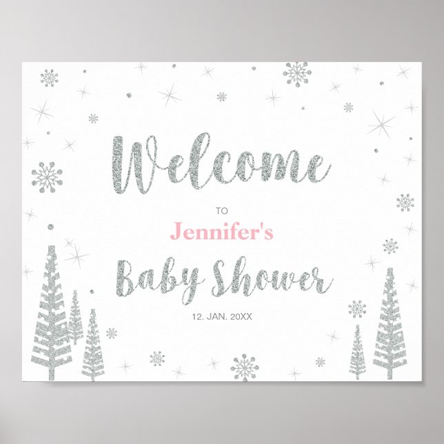 Welcome Sign for Winter Baby Shower, Girl, Pink (Front)