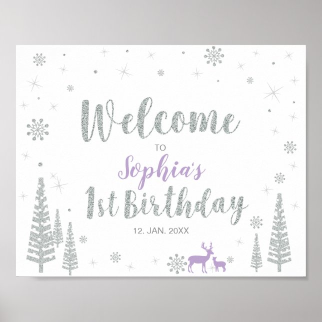Welcome Sign for Winter Girl 1st Birthday Party (Front)