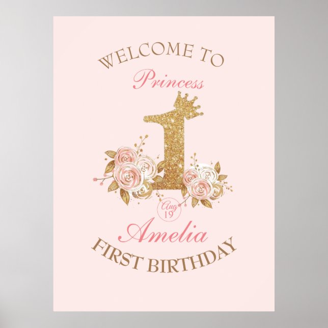 Welcome Sign Golden Crown Princess 1st Birthday  (Front)