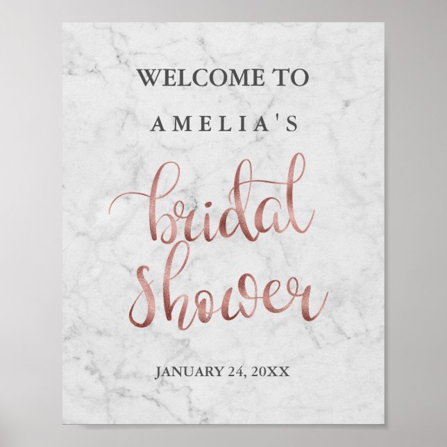 Welcome Sign Marble Faux Rose Gold Bridal Shower (Front)