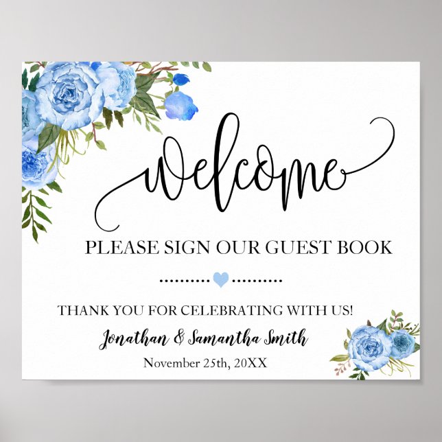 Welcome sign our guest book wedding blue floral (Front)