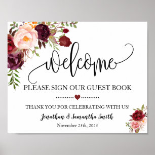 Welcome sign our guest book wedding marsala floral