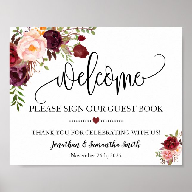 Welcome sign our guest book wedding marsala floral (Front)
