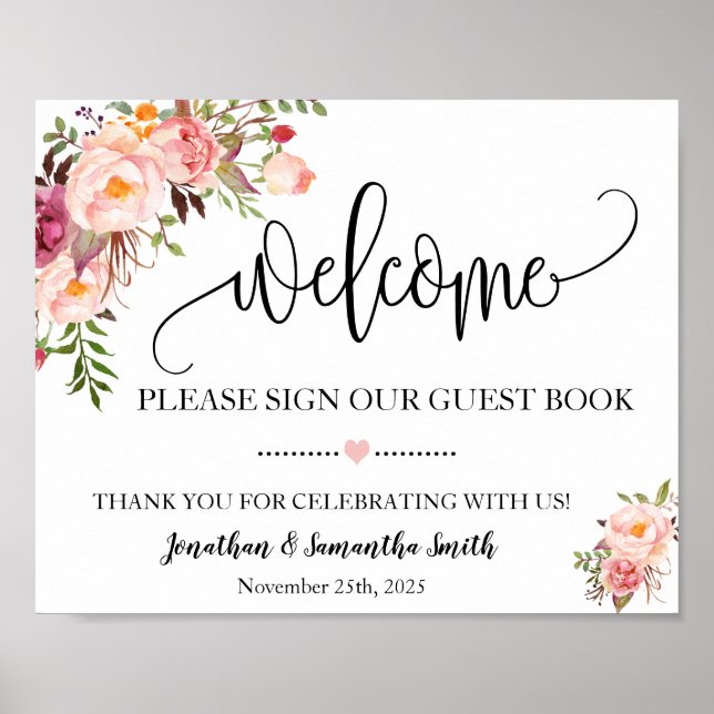 Welcome sign our guest book wedding pink floral (Front)