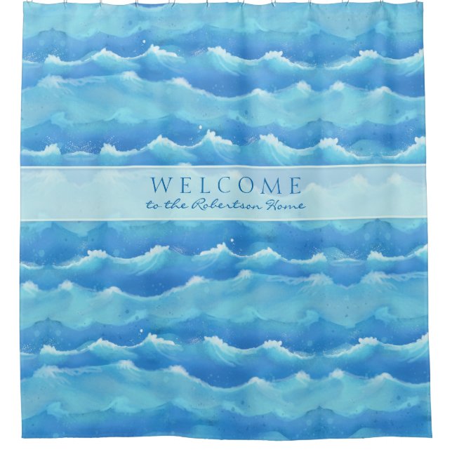 Welcome Sign Painted Seashore Beach Ocean Waves Shower Curtain (Front)