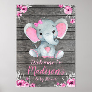 Welcome Sign Poster Elephant Rustic Pink Floral