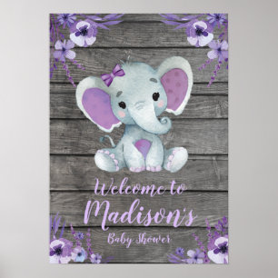 Welcome Sign Poster Elephant Rustic Purple Floral