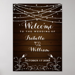 Welcome Sign   Rustic String Lights Hearts Wedding