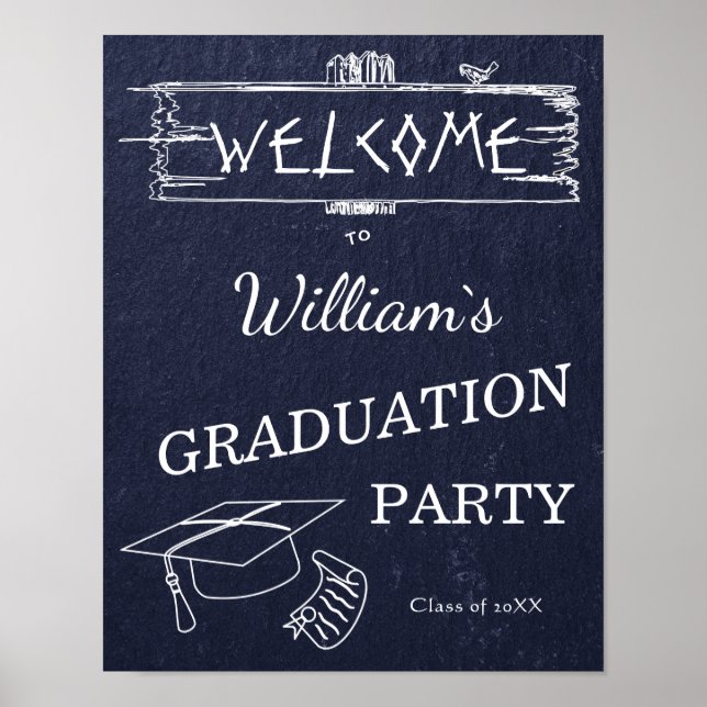 Welcome Sign | Simple Rustic Blue Stone Graduation (Front)