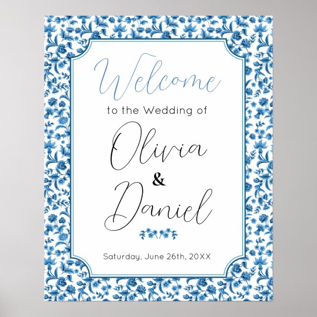 Welcome Sign Wedding Chintz Blue Floral Ditsy  (Front)