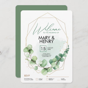 Welcome sign wedding party greenery eucalyptus rsv invitation