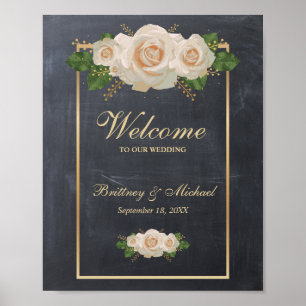 Welcome Sign White Roses Gold Frame   Wedding