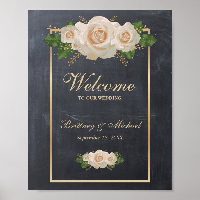 Welcome Sign White Roses Gold Frame | Wedding (Front)