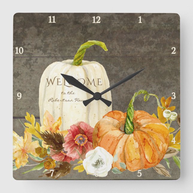 Welcome Sign Wooden Farmhouse Autumn Fall Harvest Square Wall Clock (Front)