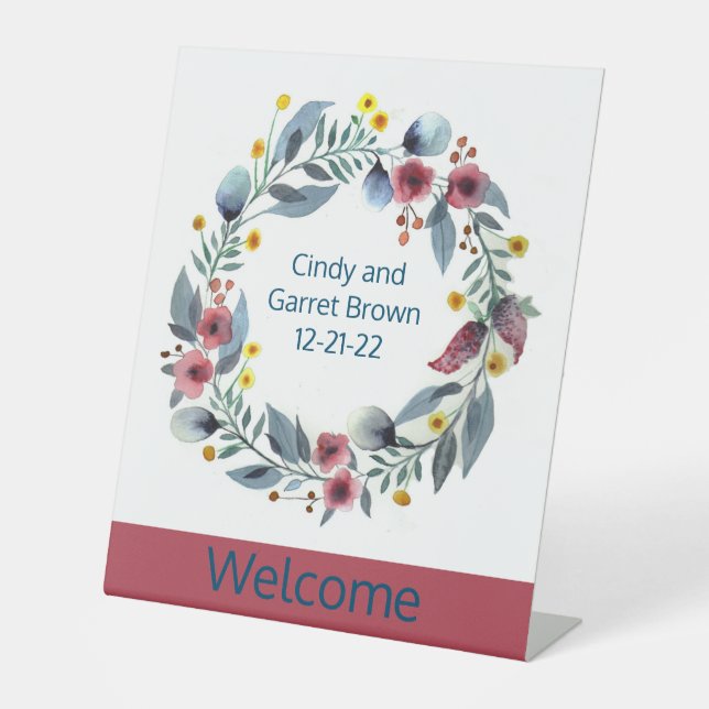 Welcome Signage Wreath Flowers Floral Art Pedestal Sign (Front)
