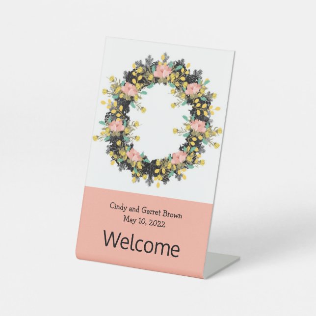 Welcome Signage Wreath Flowers Floral Art Pedestal Sign (Front)