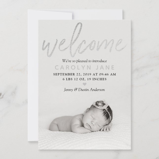 "Welcome" Silver Foil Photo Birth Announcement (Front)