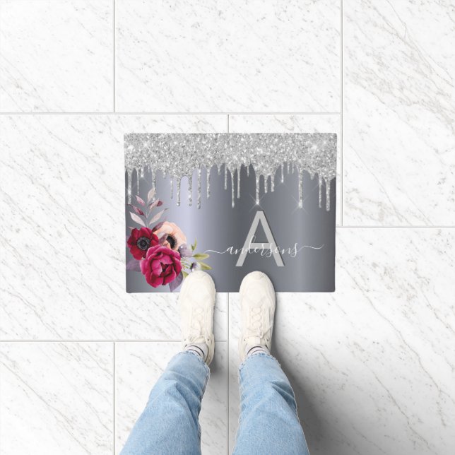 Welcome silver glitter burgundy floral monogram doormat (Indoor)