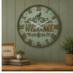 Welcome Songbird Vintage Rustic Elegant Cottage Large Clock