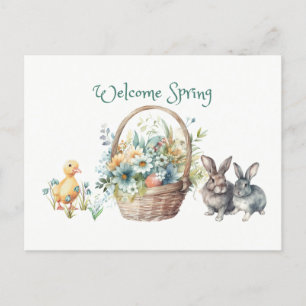 Welcome Spring Flowers Basket, Bunnies, Duckling Postcard