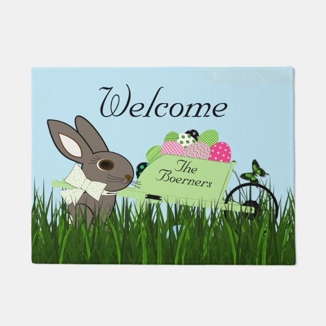 Welcome Spring (or Easter) Rabbit Wheelbarrow Eggs Doormat (Front)