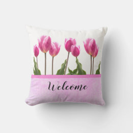 Welcome Spring Pink Tulip Cushion