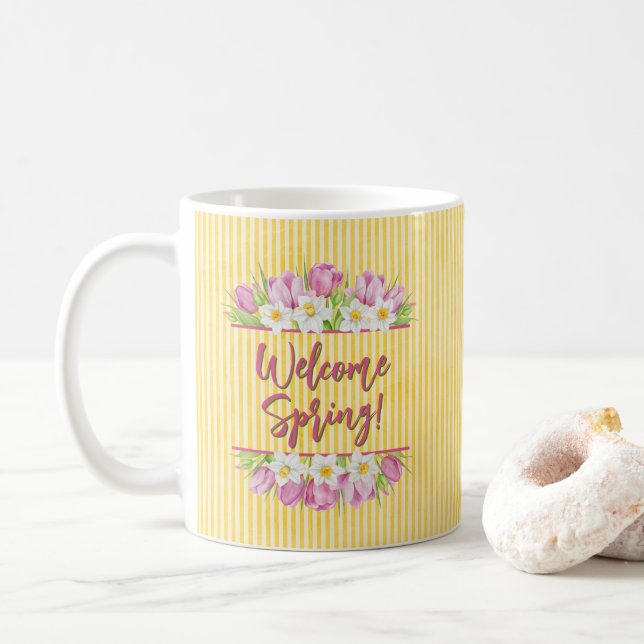 Welcome Spring Tulip and Daffodil Coffee Mug (With Donut)
